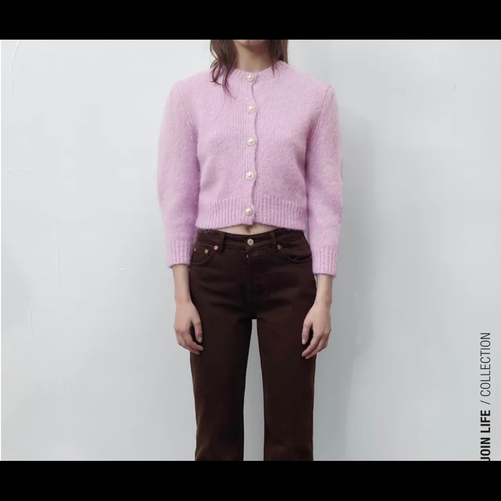 Zara Lavender Puff-Sleeve Pearl Button Cardigan - Picture 2 of 3